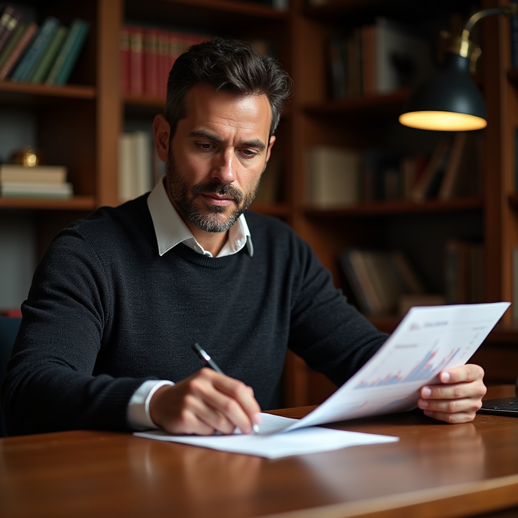 Consulente senior seduto alla scrivania mentre esamina un report di analisi dati