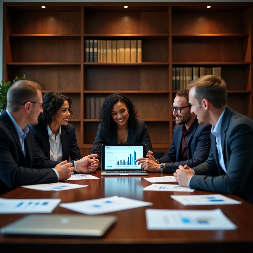 Team di consulenza riunito attorno a un tavolo osserva dashboard di dati aziendali